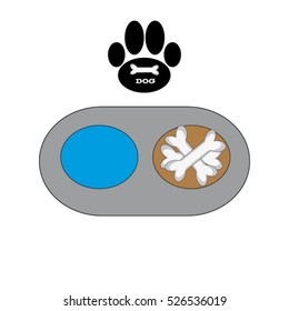 Dog bowl and paw on white background. Vector illustration.