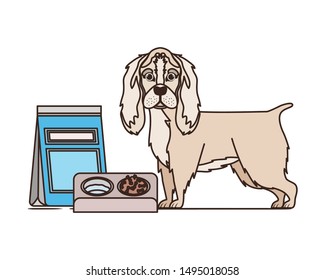 dog with bowl and pet food on white background