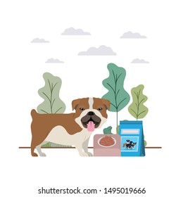 dog with bowl and pet food on landscape