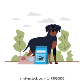 dog with bowl and pet food on landscape