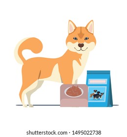 dog with bowl and pet food on white background