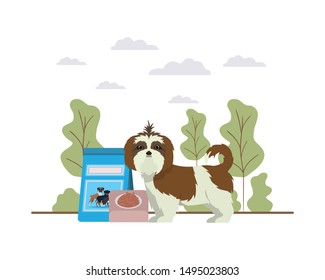 dog with bowl and pet food on landscape
