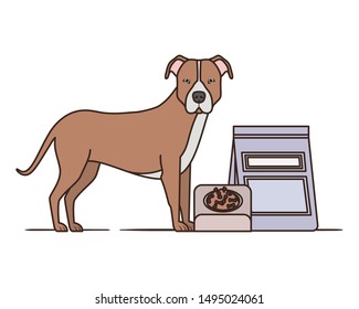 dog with bowl and pet food on white background