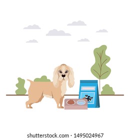 dog with bowl and pet food on landscape