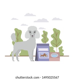 dog with bowl and pet food on landscape
