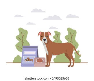 dog with bowl and pet food on landscape