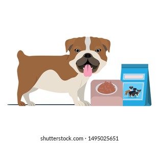 dog with bowl and pet food on white background