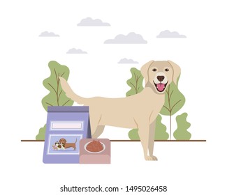 dog with bowl and pet food on landscape