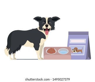 dog with bowl and pet food on white background