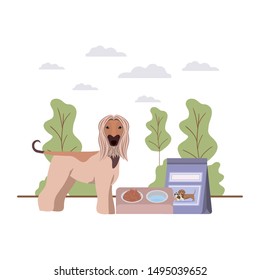 dog with bowl and pet food on landscape
