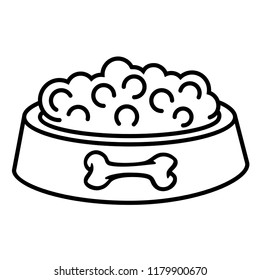 Dog bowl and pet food. Vector flat outline icon illustration isolated on white background.
