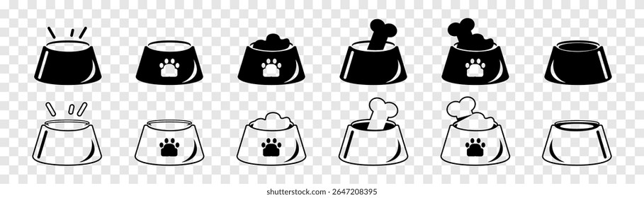Dog bowl set icon. A bowl of bones for a dog. animal feed in a bowl. Vector set.