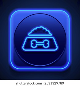 Dog bowl simple icon vector. Flat design. Blue neon style on button. With shadow.ai