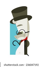 Dog in a bowler hat and a cane on a white background
