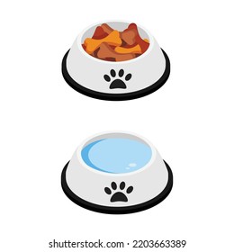 Cuencos de perros con alimentos secos, costillas en forma de hueso y agua. Ilustración del vector aislada en fondo blanco