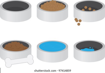 Dog bowls empty, filled with food and water