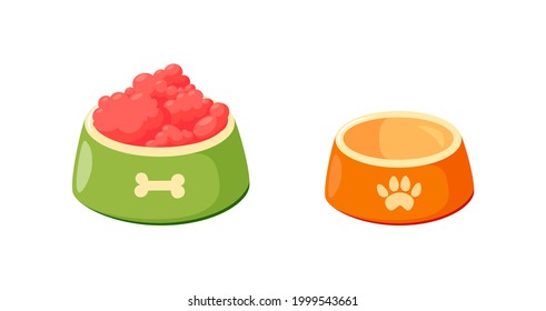 Dog bowls with food. Set bowls for cat or dog for kibbles and water. Vector illustration in cute cartoon style