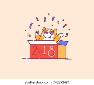 Dog in a box celebrating new 2018 year of the dog flat vector illustration