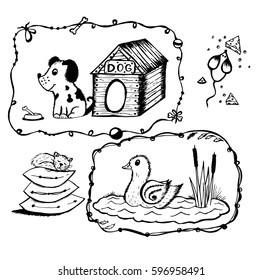 dog with a box, mouse with cheese, duck in the lake, the cat on the pillow hand 