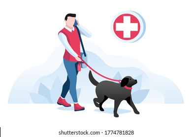 Dog and boy, animals at veterinarian clinic. Man with pet, people on cat care. Walking cat, pet at clinic for animals. Dog character, cartoon concept Isometric Illustration Vector Design.