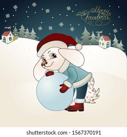 dog boy dressed in a blue jacket and red hat of Santa Claus sculpts a snowman on a background of a winter landscape with Christmas trees and houses, vector illustration