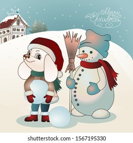 dog boy dressed in a brown jacket with fur and a red Santa Claus hat sculpts a snowman, color vector illustration
