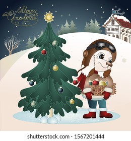 dog boy dressed in a brown jacket with fur and a flight helmet with glasses stands near the Christmas tree and holds a basket with balls in his hands, color vector illustration