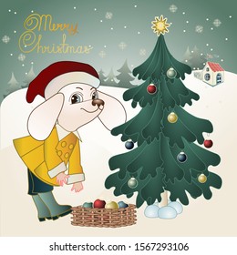 dog boy dressed in a yellow jacket and red hat of Santa Claus decorates a Christmas tree on a background of a winter landscape with houses, vector illustration