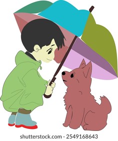 Um cachorro e menino com ilustração de vetor de guarda-chuva	