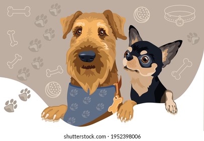 Dog Breed Airedale And Chihuahua. Pet Head. Vector Flat Illustration.