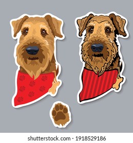 Dog breed Airedale terrier with bandana. Colorful sticker. Vector.