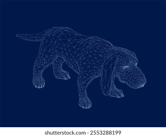 Dog breed Basset Hound. Sticker on the wall in the form of a graphic wireframe of a dog portrait. View isometric. 3D