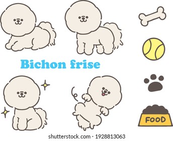 The dog breed is Bichon Frize. Illustration set. Dog food and paws.