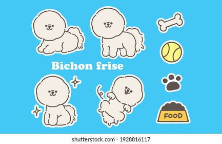 The dog breed is Bichon Frize. Illustration set. Dog food and paws.White edge.