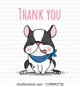 Dog breed boston terrier sitting with lettering" THANK YOU" isolated on white background.Cartoon doodle style.Vector illustration.