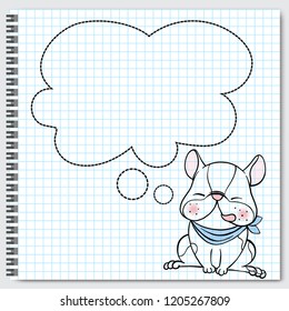 Dog breed boston terrier sitting with speech bubbles on lined paper background.Cartoon doodle style.Vector illustration.