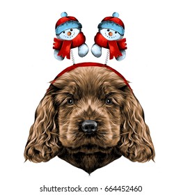dog breed Cocker Spaniel puppy with Christmas headband on his head with horns, and snowmen, sketch vector graphics color picture