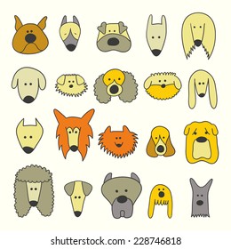 Dog breed collection icons. Cartoon Illustration of Different Funny Dogs Set. Hand draw illustration.