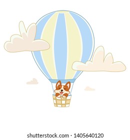 A dog of the breed of corgi dog flies in the basket in a balloon between the clouds. Color vector illustration. Cute image for coloring book, stencil, design, prints.