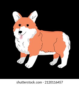 Dog breed corgi vector flat illustration isolated on black background. red dog