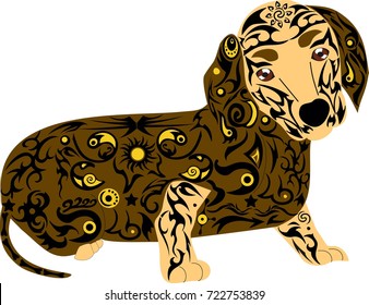 Dog of breed a dachshund, an animal with a pattern on a body, the vector image of an animal, design from lines and flowers, a tattoo on an object, large paws, the painted muzzle