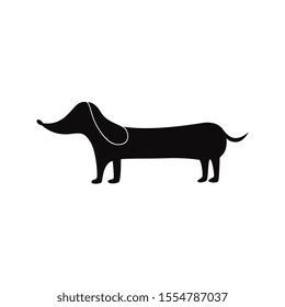 A dog of breed a dachshund with a long body is standing. Dachshund black silhouette icon, animal and pet, isolated flat cartoon vector illustration.