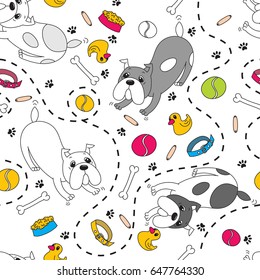 Dog breed the English bulldog playing with ball, ball, bone, collar, rubber duck, a bowl of food for dogs, dog traces, dotted line, sausage, white background