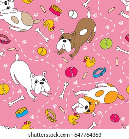 Dog breed the English bulldog playing with ball, ball, bone, collar, rubber duck, a bowl of food for dogs, dog traces, dotted line, sausage, pink background