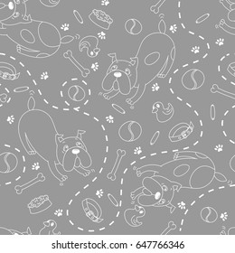 Dog breed the English bulldog playing with ball, ball, bone, collar, rubber duck, a bowl of food for dogs, dog traces, dotted line, sausage, grey background