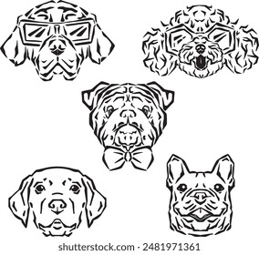 Dog breed faces set isolated on white background.