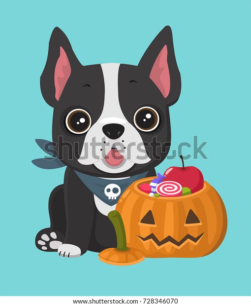 フレンチ ブルドッグの犬 子犬の近くに 甘いものやお菓子が詰まった顔をしたハロウィーン用カボチャ のベクター画像素材 ロイヤリティフリー