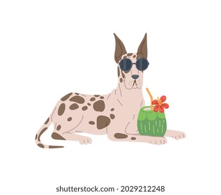 Dog breed great dane in sunglasses with tropic cocktail. Purebred animal, family friendly domestic pet. Vector flat illustration for advertise of summer tourism or rest on resort