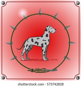 dog breed mastiff on a red background. Frame in the form  of the collar