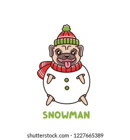 Сute dog breed pug dressed as a snowman in a hat and scarf. It can be used for sticker, patch, phone case, poster, t-shirt, mug and other design.